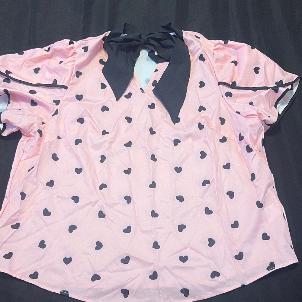 Pink Heart Print Blouse with Black Bow